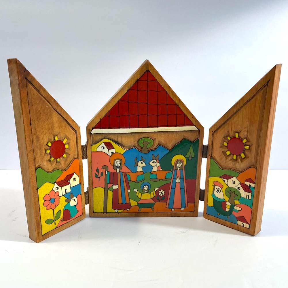 Vtg Folk Art Wood Christmas Nativity Scene Triptych Retablo Handmade El Salvador